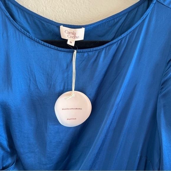 Camila Coelho Midi Dress M Luna Blue Satin Cutout Long Sleeve Navy Ruch Revolve - Picture 12 of 12